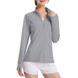 TACVASEN Women's T-shirt, Sunscreen, Sports Top, UV Protection, UPF 50+, Quick Drying, Sweatshirt, Zip-up, Stand Collar, Solid Color, Includes Finger Holes, Spring, Summer, Autumn, gray (light gray)