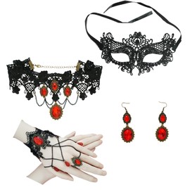 Hopodix 5PCS Ruby stone black lace Goth accessories with Gothic choker necklace bracelet earings masquerade mask for women Victorian Vampire Accessories