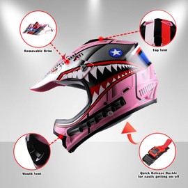 1Storm Youth Motocross Helmet Kids Motorcycle Bike Helmet Shark Pink + Goggles + MG Youth Pink Glove Bundle