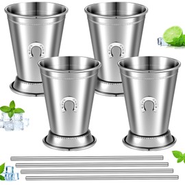 Gandeer 4 Pack Derby Mint Julep Cups with Straws 3D Horseshoe 12 oz Silver Classic Stainless Steel Beaded Trim Border and Cocktail Glasses for Derby Party Supplies Decorations (Silver)
