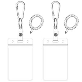 Wrist Coil ID Badge Holder with Multitool Aluminum Carabiner Clip,Stretchable Spiral Wristband Key Ring,for Lanyard Outdoor Camping Cruise (Clear Vertical,PVC)