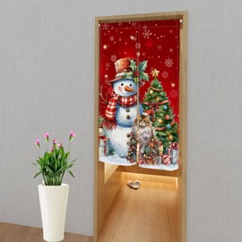 Christmas Red Noren Japanese Doorway Curtain Noren Curtain Funny Snowman Cat Xmas Tree Gifts Tapestry Entrance Feng Shui Door Curtain Bedroom Partition Kithchen Divider Bathroom Door Decor 33.5"x 59"