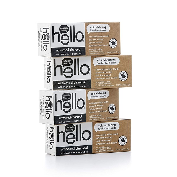 Hello Oral Care Activated Charcoal Fluoride Whitening Toothpaste, Vegan & SLS Free, 4 Count