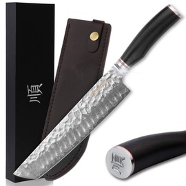 YOUSUNLONG Tanto Chef Knife 10 Inch Damascus High Carbon German Steel - Natural Leadwood Handle with Leather Sheath