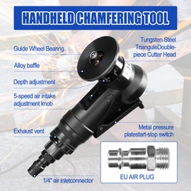 Mini Pneumatic Chamfering Machine, 45 Degree Handheld Linear Trimming Deburring Tool, Black Air Chamfer Tool Deburring Machine for Metal Wood with 1/4 Inch Air Inlet (6 R+6C Angle Blades+4 Bearing)