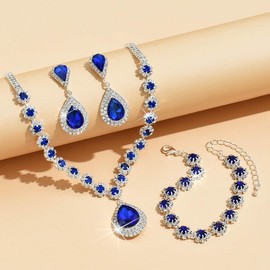 Unicra Bridal Wedding Jewelry Set Silver Rhinestone Necklace Earrings Bracelet Sets Formal Costume Jewelry for Women and Brides (Blue)