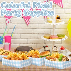 Suclain 36 Pack Light Blue and White Gingham Paper Trays 5 lb Grease Resistant Large Snack Serving Trays Disposable Food Boats for Baby Shower Wedding Tea Party Supplies