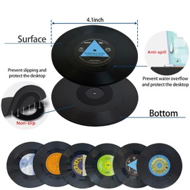 Funny Retro Record Coasters for Drinks with Vinyl Player Holder,Novelty 6 Pieces Vinyl Disk Coasters for Drinks,Bars,Party,Birthday Gifts for Music Lovers,Home Decor and White Elephant IdeasGifts