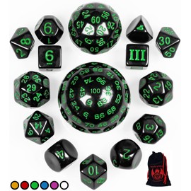 World of Dice - All-in-One Set - 15 Assorted Polyhedral Dice from D100 to D3, Ideal for D&D, DSA, MTG, etc. (Green)