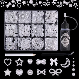 500Pcs 3D Nail Charms Flatback Rhinestones Set,12 Designs Acrylic Nail Charms White Clear AB Flower Heart Bow Star Butterfly Pearl Starry Gems and Cute Charms for DIY Decorations and Nail Design