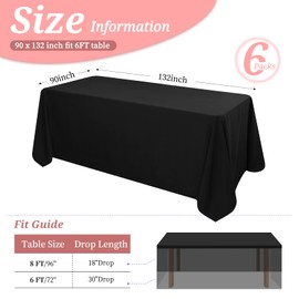 6 Pack Tablecloth 90 x 132 inch Polyester Table Cloth for 6 Foot Rectangle Tables,Stain and Wrinkle Resistant Washable Fabric Table Covers Polyester Black Table Clothes for Wedding,Party,Banquet