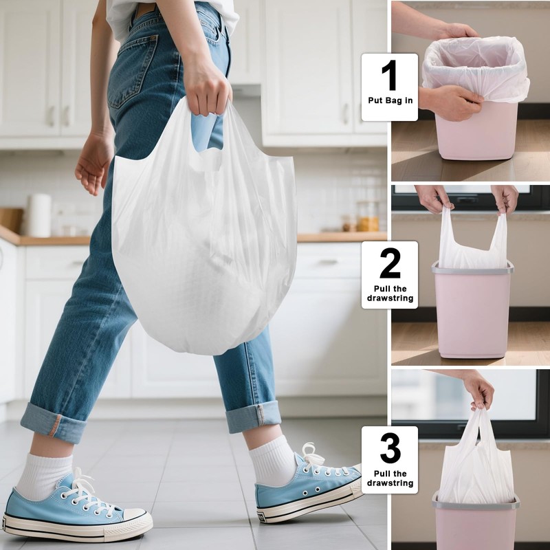 2 Gallon Small Bathroom Trash Bags - White With Handle