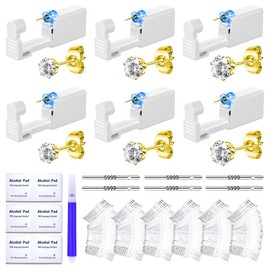 TKKUY 31 Pcs Ear Piercing Kit Ear Disposable Piercing Gun Kit 6 Pcs Self Piercing Gun with 3mm 4mm 5mm Cubic Zirconia Earrings Ear Stud with S999 Silver Ear Sticks Ear Covers Piercer Kit Tool Gold