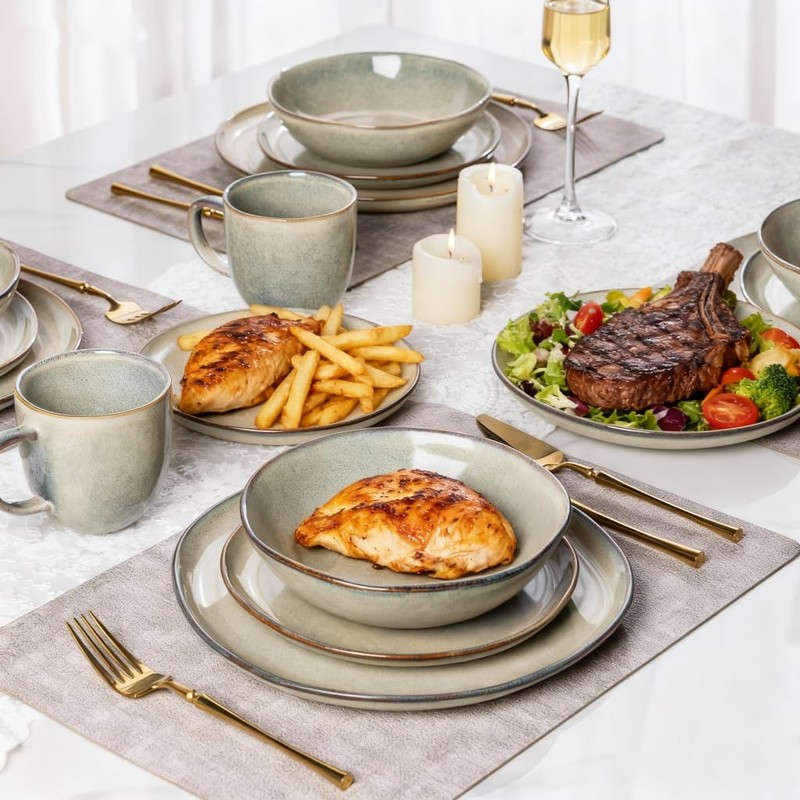 AmorArc Ceramic Dinnerware Sets,Handmade Reactive Glaze Stoneware Plates and Bowls