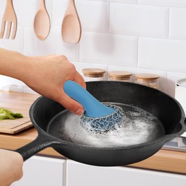 Cast Iron Scrubber with Long Handle | 316 Cast Iron Cleaner Chainmail Scrubber for Cast Iron Pan Skillet Cleaner - Dish Scouring Pad Dishwasher Safe Cleaning Kit (Blue, 1 Scrubber + 1 Scraper)