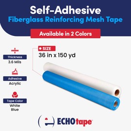 ECHOtape ME-W8306 | Self-Adhesive Stucco Fiberglass Mesh Tape for Profiles and Trims | Outdoor Tape for Construction | Drywall Repair Tape| Mesh Contactor Tape | Blue or White | 36 in x 150 yds