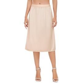 Vlazom Women's Satin Underskirt Short Petticoat Knee-Length Invisible Dress Skirt with Lace Half Skirt for Women, Nude, Beige, L