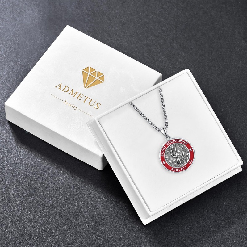 ADMETUS Red St Christopher Necklace Mens Sterling Silver St Christopher