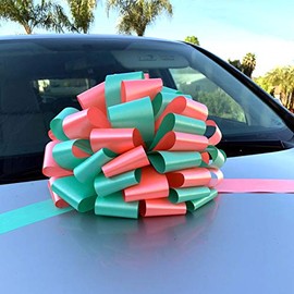 Fully Assembled Large Car Bow, 16" Wide - Coral & Mint Green, Front Door Decoration, Spring, Summer, Wedding, Anniversary, Reception, Birthday, Fundraiser, Gift Bow, Christmas, Easter