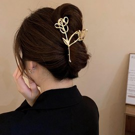 Flower Hair Clip Gold Metal Rose Flower Hair Claw Clip Strong Hold Jaw Clips Gold Rose Design Non-Slip Valentine's Day Hair Accessories for Women and Girls Thick Thin Long Hair