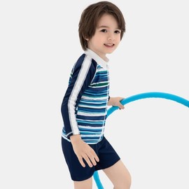 Teddy キッズ 水着 男の子 長袖ラッシュガード ショートパンツ スイム帽子 3点セット UPF50+ kids505 (標準, ブルー×ボーダー, 5T(90cm))
