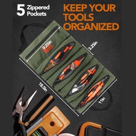Roll Up Tool Bag, 16OZ Canvas Wrench Roll Up Pouch Multi-Purpose Tool Roll Organize, 5 Zippered Tool Pockets (Green)