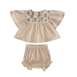 HOOLCHEAN Baby Infant Girls Summer Bubble Short Sleeve Ruffled Tops and Shorts Outfit (Khaki, 100: 2-3T)