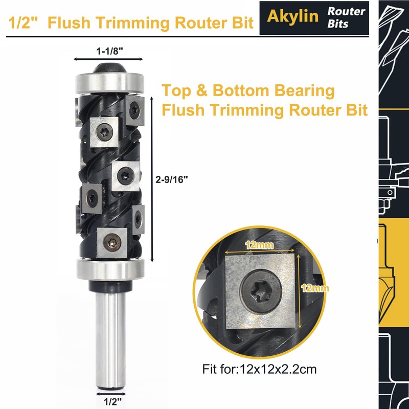Akylin Carbide Insert Flush Trim Router Bit Top&Bottom Bearing with