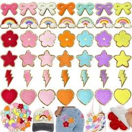 CY - 42 piezas de parches autoadhesivos de felpilla bordada, bonitos parches para planchar, diseño de flores, estrellas, corazón, arco iris, accesorios de decoración para ropa, sombreros, chaquetas