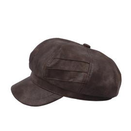 8 Panels Newsboy Caps for Women Men PU Leather Visor Beret Plain Cabbie Hat Vintage British Style Painter Cap Baker Hat, Brown, One Size