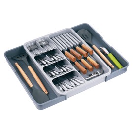 SOMIER Kitchen Utensil Drawer Organizer, Removable 2-Tier Knife Holder, Expandable Cutlery Tray for Silverware, Flatware and Utensils, Large Kitchen Drawer Dividers for Spoons, Forks, Knives, Gray