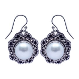 Pearl Gemstone 925 Sterling Silver Handmade Unique Filigree Designer Ethnic Tribal Modern Drop Dangle Fashion Party Earring for Women, Metal Silver, Pearl