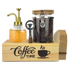 EQEY Coffee Container with Syrup Dispenser and Shelf & Spoon,40oz Air tight Glass Storage Jars and 16.9oz Glass Syrup Bottle,Coffee Bar Accessories for Kitchen Organization(1 Jar 1 Dispenser)