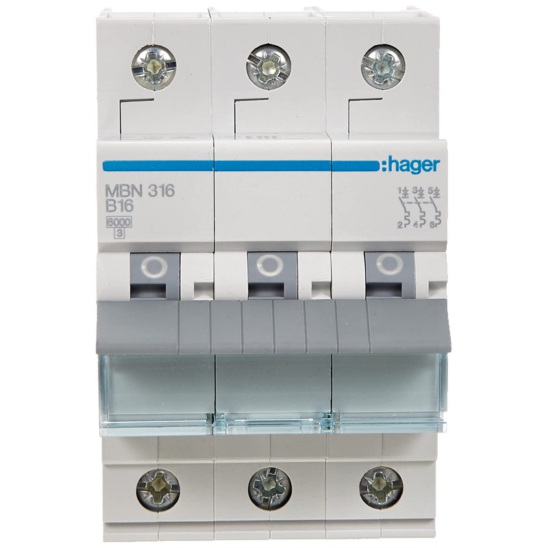 Hager MBN316 Circuit Breaker 3-Pin 6kA B-Characteristic 16A 3 Modules