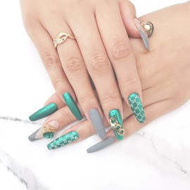 G Satin Green Handmade Nail Tips ✨ - Short C Curve Coffin / G새틴그린 수제네일팁 ✨ - 숏C커브코핀