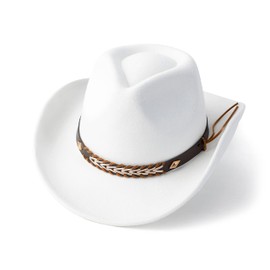 Gossifan Western Cowboy & Cowgirl Hat Felt Wide Brim Women Men Fedora Hats-White