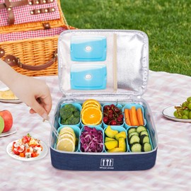WETRBWEH Snack Box Container with Insulated Cooler Bag, Divided Serving Tray with Lid and Handle Beach Essentials, Snackle Box Veggie Fruit Tray with 8 Compartments & 8 Forks & 2 Spoon Blue