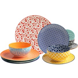 LEHAHA 12 Pieces Ceramic Dinnerware Sets, Porcelain Round Dinner Set for 4, Microwave and Dishwasher Safe Plates and Bowls Dishes Set, Kitchen Dinner Dinning Ware Set, Assorted Colors