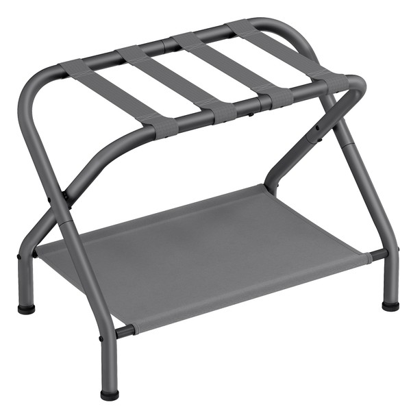 SONGMICS Luggage Rack, Suitcase Stand with Fabric Storage Shelf, for Guest Room, Bedroom, Hotel, Foldable, Holds up to 110 lb, 27.2 x 15 x 20.5 Inches, Slate Gray URLR002G01