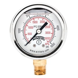Winters 2" Dial Size, Liquid Filled Industrial Pressure Gauge, Brass Internals, 304 Stainless Steel Case, Dual Scale 0-5,000 psi/kPa, 2.5% Acc, 1/4" NPT Bottom Mount, Glycerin Filled Pressure Gauge