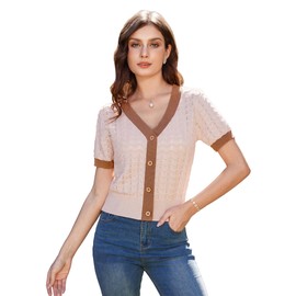 GRACE KARIN Summer Short Sleeve Sweater Cropped Cardigan Short Sleeve Sweater Textured Crochet Tops for Women Light ApricotL
