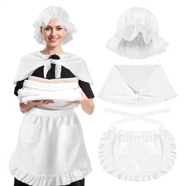 3 Pcs Colonial Costume Women, Colonial White Bonnet, Lace Shawl and Ruffle Waist Apron with Pockets, Maid Dress for Party Cosplay Historical Reenactment, School Activities
