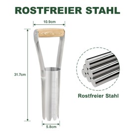 Eadwiella The garden tools, hole spade with depth scale, made of stainless steel with a wooden handle, garden accessories, suitable for sowing seeds in gardens, hedges and pots with it. (6 inches)