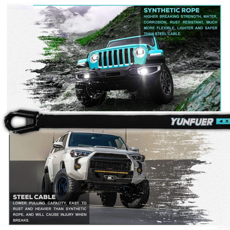 YUNFUER 3/8" x 92ft Synthetic Winch Rope Cable Kit, 26000LBS