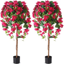 Giegxin 5 ft Bougainvillea Artificial 2 Pcs Artificial Bougainvillea Tree with Flowers in Plastic Pot Tall Floor Plant Faux Blooming Tree Large Fake Plants for Outdoor Indoor(Rose Red)