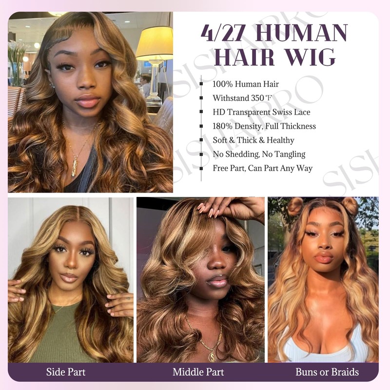 SISHAIRRO Premium 4/27 Colored Honey Blonde Human Hair Wigs Body
