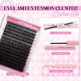 FADLASH DIY Lash Extensions Kit, 40D 0.07 D Curl Lash Clusters Individual, Bond and Seal, Remover and Tweezers for Beginners (40D, 8-16mm)