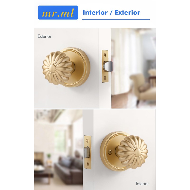 MRML Brushed Gold Passage Door Knob, Interior Closet Pantry Hallway