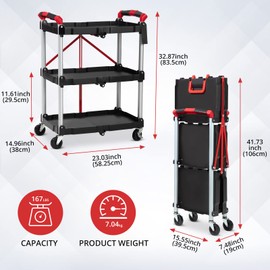 Garvee Mobile Folding Trolley, Portable Service Cart, 3 Tier Utility Cart, Collapsible Utility Carts for Office, Warehouse, and Home, 56 Lbs Load Capacity per Shelf