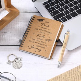 Clabby 3 Pcs 2025 Graduation Gifts Include Inspirational Spiral Notebook Motivational Positive Keychain Bamboo Ballpoint Pen for Graduation Party Favors Class of 2025 College Grad Student Gifts